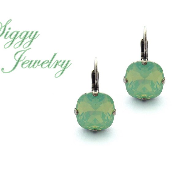 Swarovski Crystal Chrysolite Opal Cushion Cut Drop Earrings, 12mm Fancy Square - Picture 1 of 5